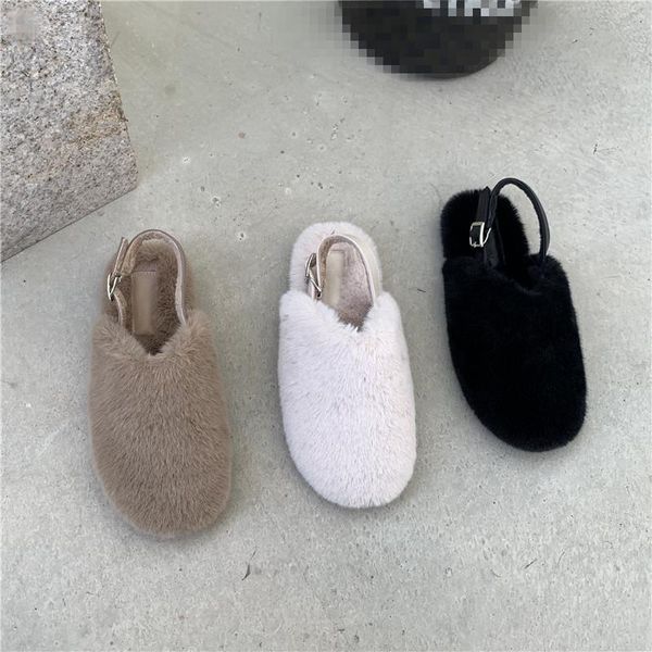 

slippers low shoes woman 2021 casual fur flip flops loafers pantofle luxury flat plush soft rubber pu rome slides with f, Black