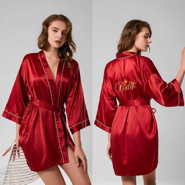 

women's sleepwear spring and autumn 2021 bride's morning gown with hand gift, Black;red