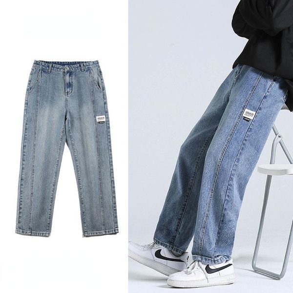 

men's jeans 2021 brand clothing splicing men wide legs baggy straight male denim pants korean version streetwear, Blue