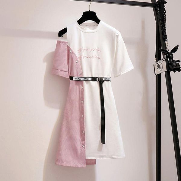 

summer women dresses patchwork t shirt dress korean ulzzang off shoulder sashes streetwear plus size fake two piece, Black;gray