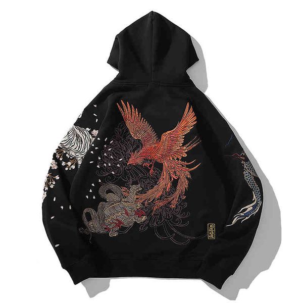 

men's hoodies & sweatshirts chinese style embroidery four gods beast dragon tiger hooded hoodie autumn and winter plus velvet thic, Black