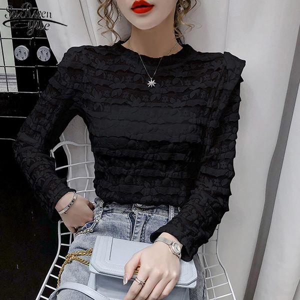 

women's blouses & shirts hollow crocheted round neck pullover puff sleeve woman's feminine 2021 summer white long 10529