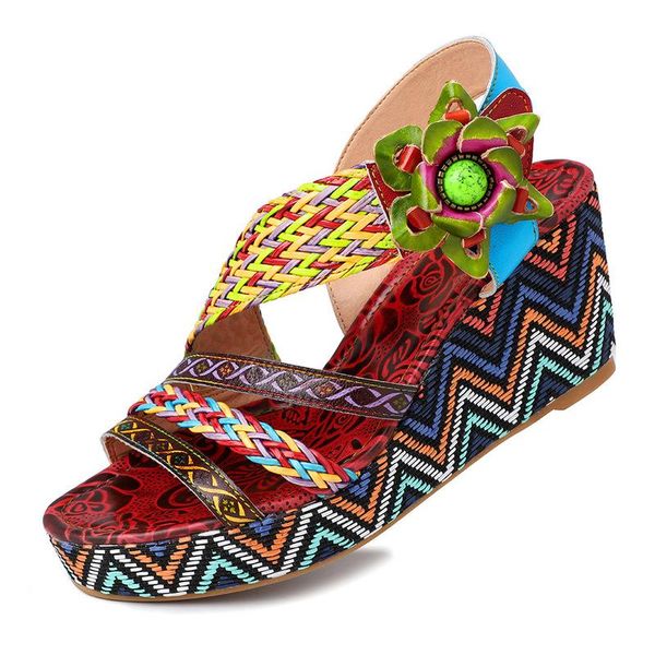 

sandals elegance women printing flower vintage hollow out chunky heel bohemian genuine leather wedges high heels 5cm shoes, Black