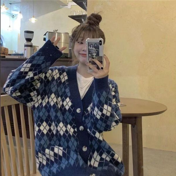 

women's sweaters cmaz 2021autumn and winter outdoor loose lazy style sweater coat female rhombus thickened knitting cardigan top, White;black