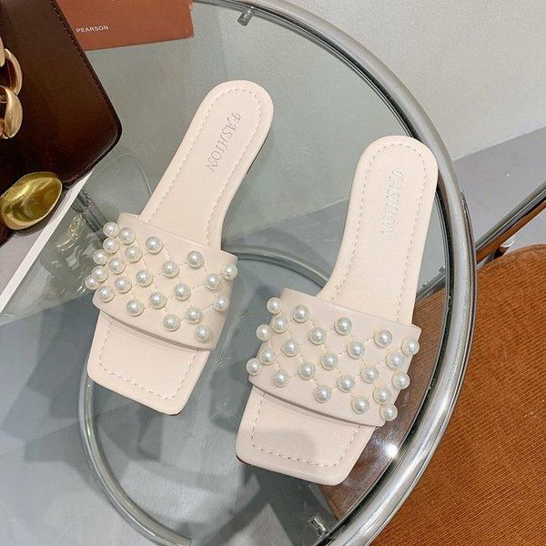 

slippers fairy style pearl sandals and women 2021 summer korean version of all-match flat-bottom beach shoes, Black