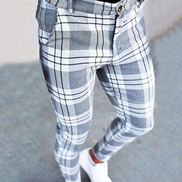 

men's pants streetwear autumn casual business men plaid print fashion slim fit long trouser for mid waist buttoned, Black
