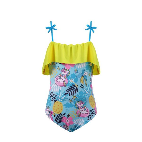 

one-pieces kids girls one-piece swimwear swim jumpsuit straps off shoulder ruffle trim print bodysuit children beach swimming bathing suit, Black