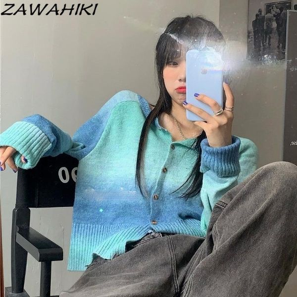 

women's knits & tees zawahiki tie dye vintage femme autumn single breasted 2021 korean sweaters short loose fashion cardigans ins chaq, White