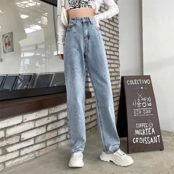 

women's jeans women high waisted fashion color drawing pants for loose wide leg denim street girls, Blue