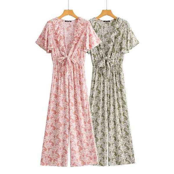 

women summer printed jumpsuits v-neck high waist with bow ruffled sleeve pleated wide leg loose holidays clothing 210524, Black;white