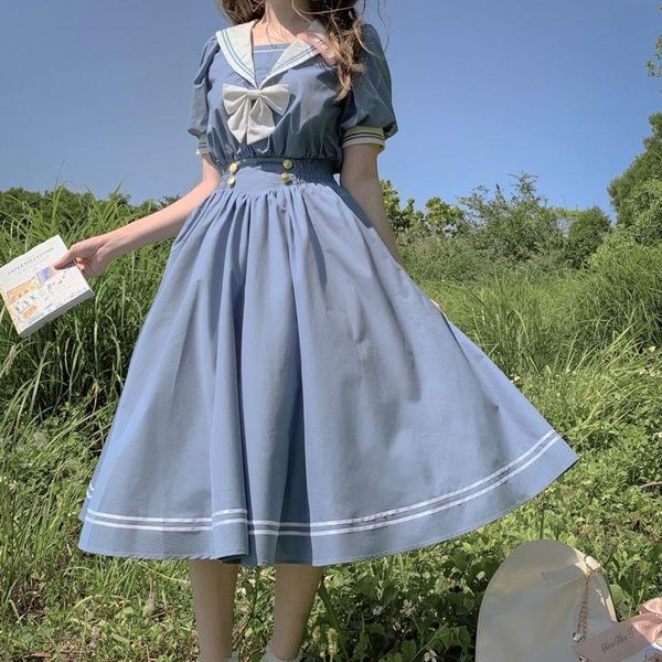 

casual dresses harajuku sailor collar navy dress womem japanese lolita sweet bow-knot girls cotton kawaii preppy style long sleeve a-line, Black;gray