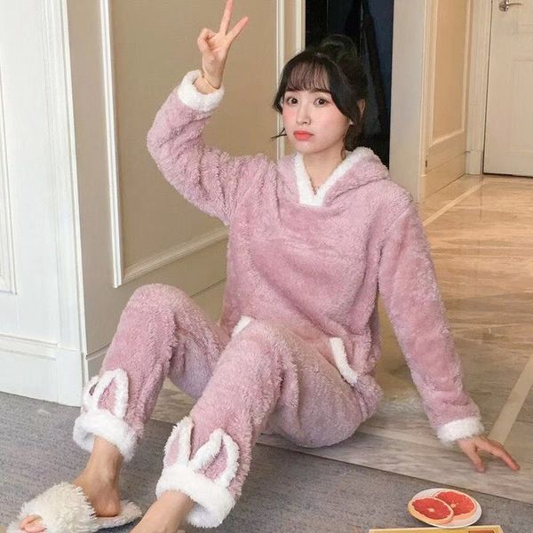

2 pcs/lot winter pajamas sets women sleepwear warm flannel long sleeves coral pijama pink thick homewear pyjama sleepwear, Black;red