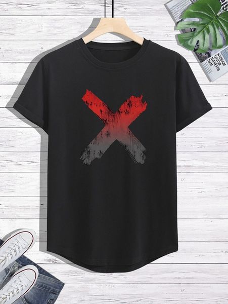 

men graphic print curved hem tee x5di#, White;black