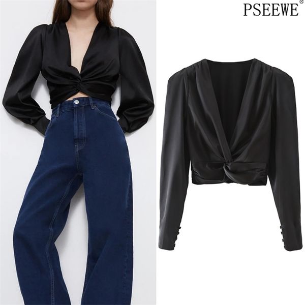

black satin crop women vintage knot v neck long puff sleeve blouse woman elastic hem elegant ladies 210519, White