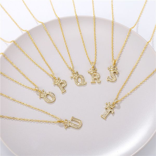 

minimalist cz zircon a-z letter alphabet pendant chain necklace fashion punk gold crown crystal women men initial name jewelry, Silver