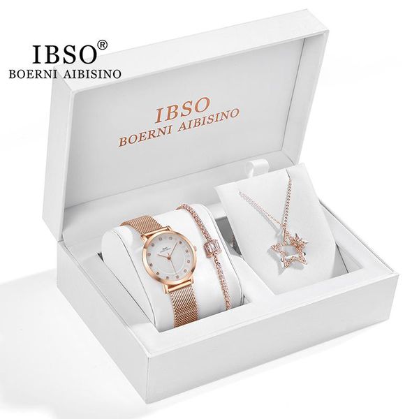 

wristwatches ibso women watch gift set crystal design bracelet necklace quartz sets female jewelry fashion rose gold, Slivery;brown