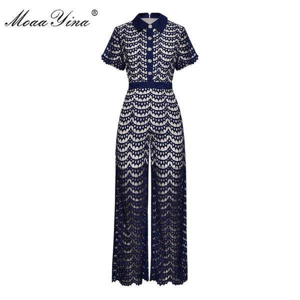 

spring summer designer jumpsuits women's turn-down collar short sleeve lace elegant 210524, Black;white