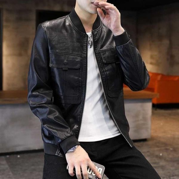 

men's leather & faux stand collar coat fashion slim and handsome 2021 spring autumn baseball jacket, Black
