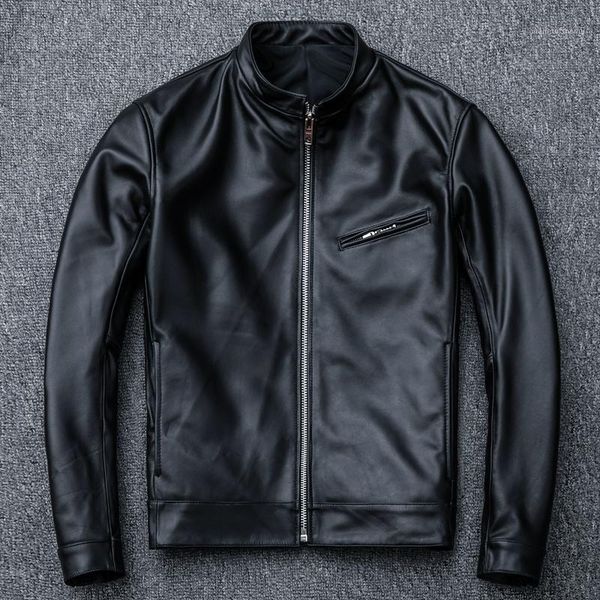 

men's leather & faux 2021 genuine vintage sheepskin slim stand collar large size jacket brand designer motorcycle rider coat, Black