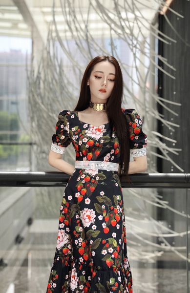 

milan runway dresses 2021 summer square neck print panelled women's designer dress brand same style skirts 0330-10, Black