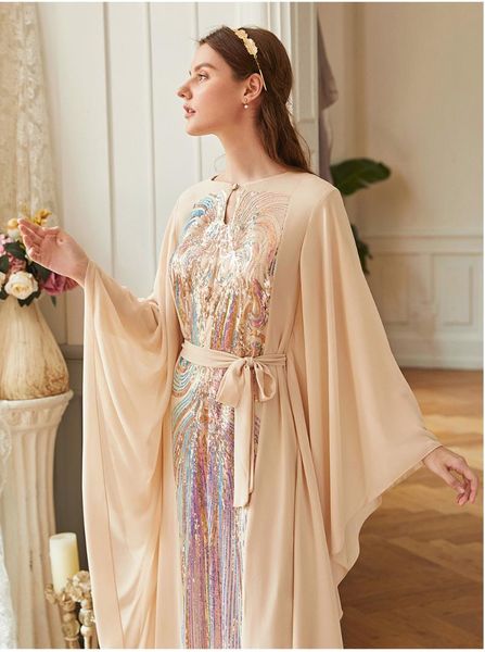 

ethnic clothing ucnmulticolor sequins caftan chiffon long farasha sleeves muslim dress loose abaya dubai turkey moroccan party evening gowns, Red