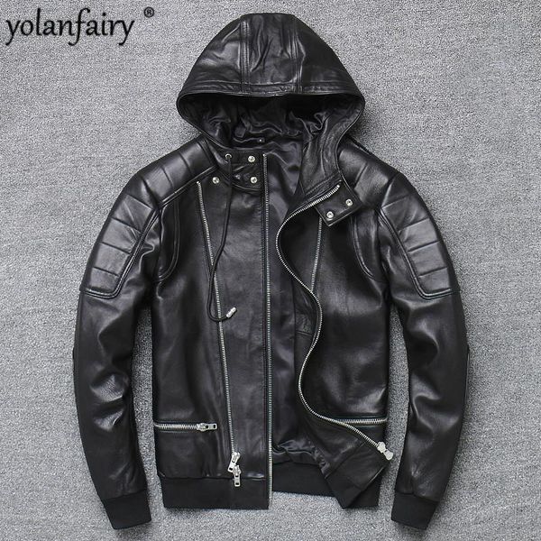 

men's leather & faux mens jacket 100% real sheepskin coat men clothes 2021 hat short full slim casual spring and autumn shy006 pwx57, Black