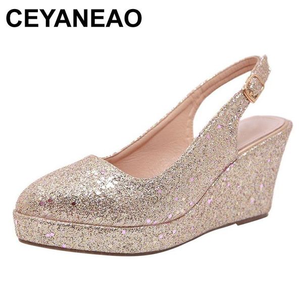 

ceyaneaowomen's wedges shoes ladies fashion solid sequins bling round head woman strap shallow casual sandals sanda, Black