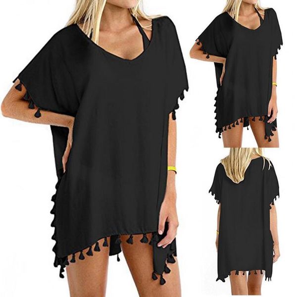 

women's swimwear 2021 chiffon tassels women beach wear swimsuit cover up bathing suits mini dress loose solid pareo ups, White;black
