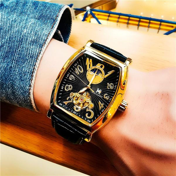 

wristwatches aokulasic tourbillon watch for men waterproof automatic mechanical mens watches sports moon phase reloj hombre, Slivery;brown