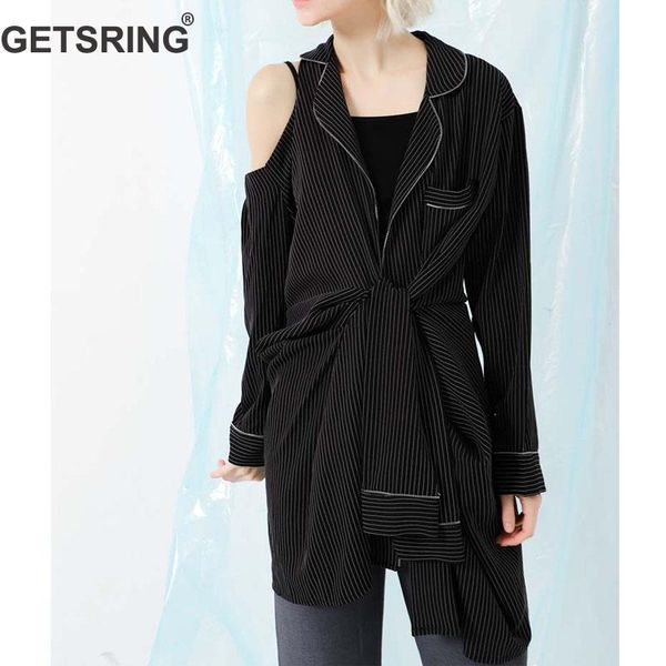 

women's suits & blazers getsring women blazer cotton linen long sleeve striped bandage irregular jacket loose leisure suit coat 2021, White;black