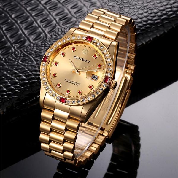 

wristwatches 2021 reginald watch men watches gold stainless steel date analog quartz business male, Slivery;brown