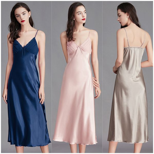 

ladies pajamas women sleepwear sling silk cardigan bathrobe waistband high waist comfortable v neck nightdress 6 colors wmd, Black;red
