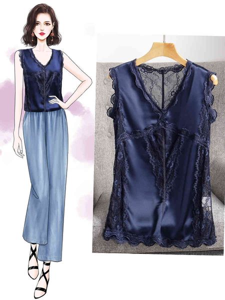 

women's sweaters 2021 summer arrival korean v-neck tank women lace patchwork satin sleeveless basic white black blue