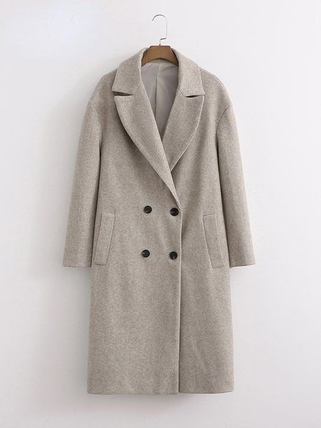 

women's wool & blends bd&wh straight long overcoat solid notched double breasted woolen pockets female autumn winter outwear, Black