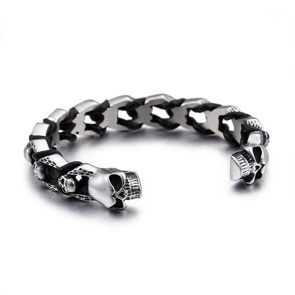 

gnayy 316l stainless steel biker double skull skeleton end open black rope bracelet men's punk jewelry 2.26''1