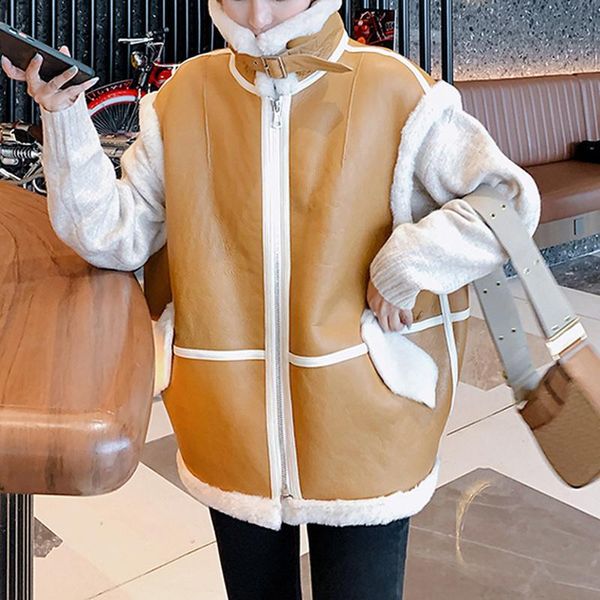 

women's jackets women integrated thick lamb hair korean style pu leather winter fur clothing fashion pumpkin color loose locomotive ves, Black;brown