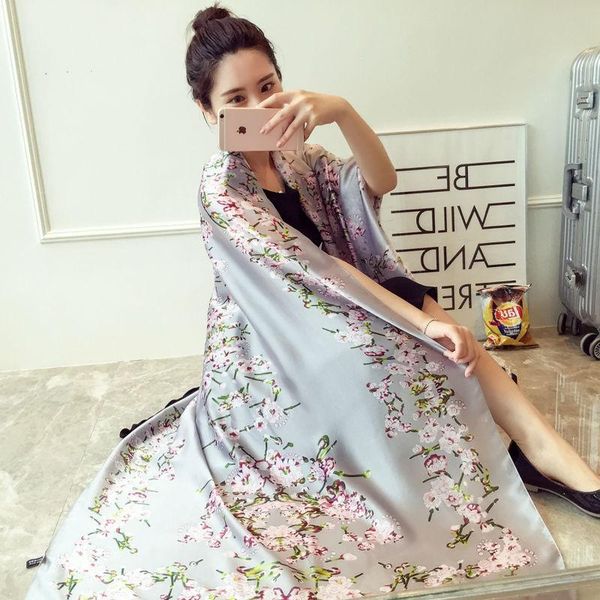 

scarves 100% natural silk scarf women digital print flowers pashmina shawl female long bandana foulard 2021 oversize, Blue;gray