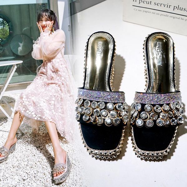 

slippers summer rivet rhinestone high-heeled square toe sandals all-match daily dress waterproof platform women's, Black