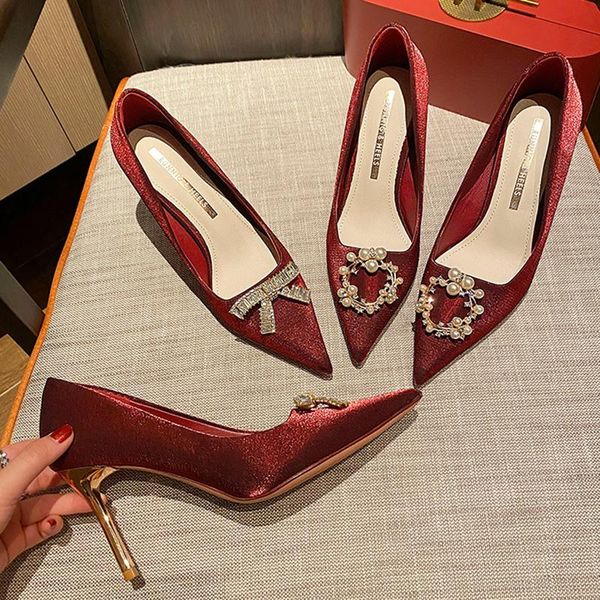 

dress shoes 2021 women 8cm high heel pearl butterfly buckle red pumps satin escarpins luxury stiletto lady wedding bridal burgundy prom shoe, Black