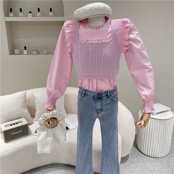 

blouses springtime female 2021 niche design crocheted sweater two pieces sweet agaric shirt vest, White