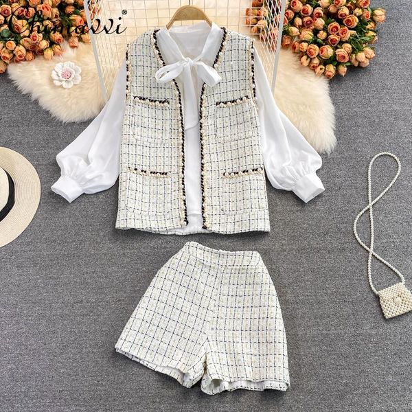 

women's tracksuits 2021 fall female bow lantern sleeve shirt ladies fashion elegant tweed vest short coat high waist shorts three-piece, Gray
