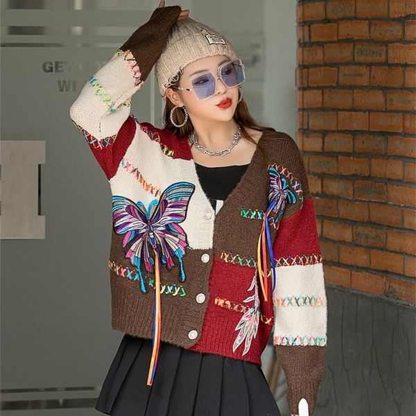 

women's knits & tees trendy girls knitted cardigan women 2021 autumn winter cartoon pattern patchwork v-neck long sleeve sweater female, White