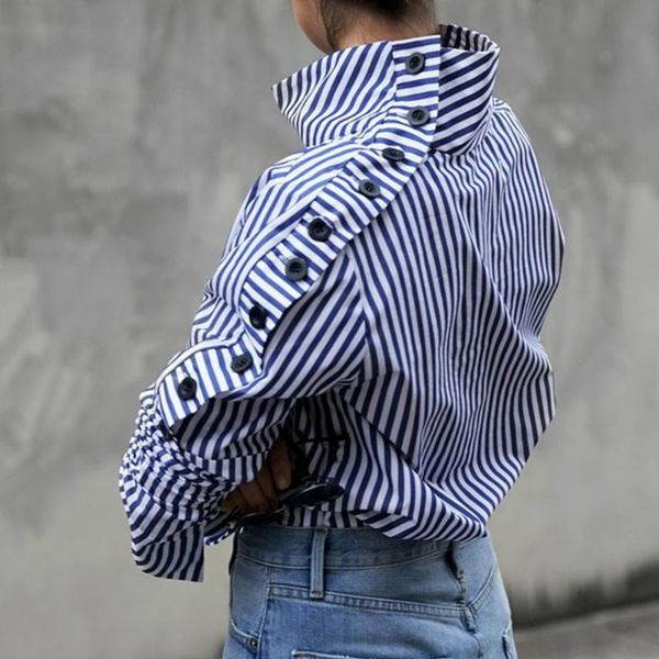 

women's blouses & shirts fashion stripe blouse women shirt turtleneck chic buttons long sleeves autumn 2021 office lady female loose, White