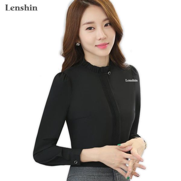 

lenshin stand collar black shirt female blouses elegant women wear long sleeves office lady women's & shirts, White