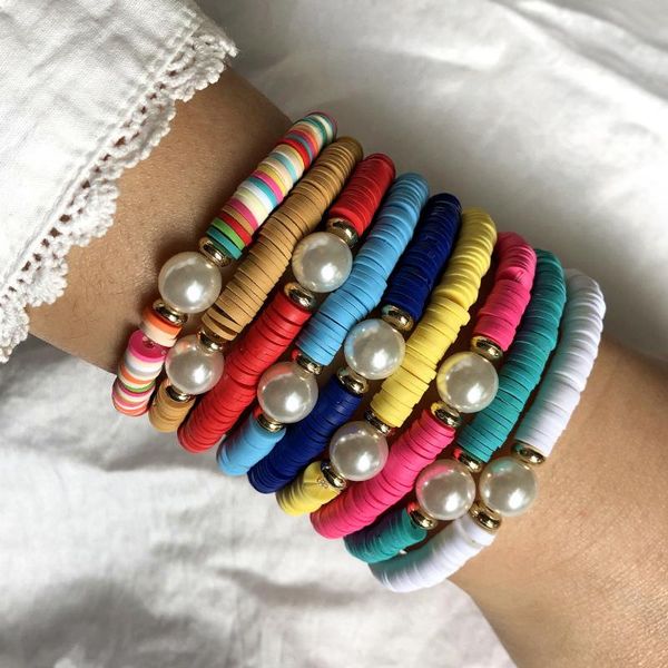

charm bracelets bohemian style colored handmade soft ceramic bracelet female fashion retro golden tube elastic rope jewelry gift, Golden;silver