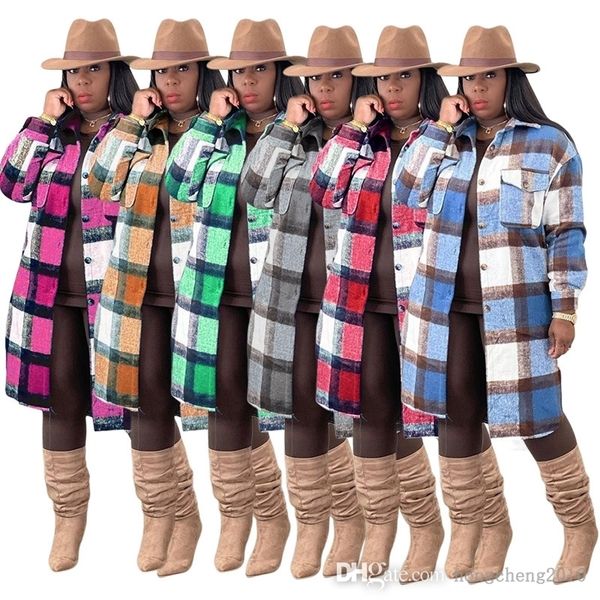 

ladies coat designer lapel neck single-breasted classic plaid patchwork jacket fashion long woolen clothes casual plus size, Black