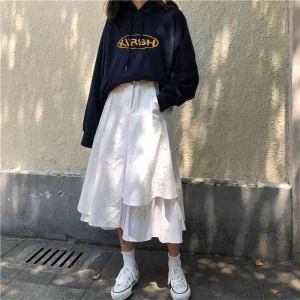

spring summer korean elastic high waist slim simple solid color all-match casual women a-line long skirt 210527, Black