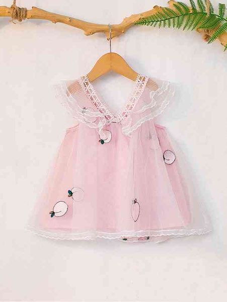 

baby ruffle trim peach print mesh dress she, Red;yellow