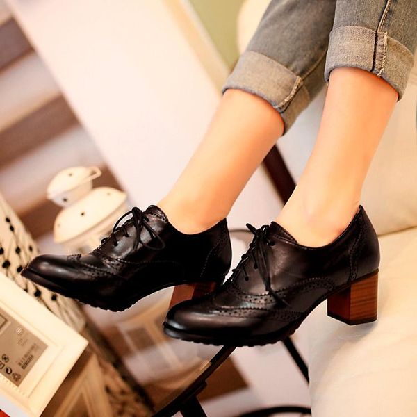 

british style women shoes chunky heel pointed toe lace up dress party ladies square heels coffee brown, Black