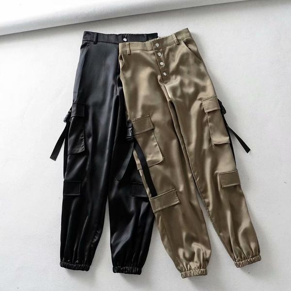 

women's pants & capris chic hip hop overalls cargo loose high waist straight carrot long spring autumn streetwear buttons trousers, Black;white